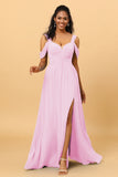 A Line V Neck Cold Shoulder Chiffon Bridesmaid Dress with Slit