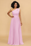 A Line One Shoulder Long Chiffon Bridesmaids Dress with Ruffles