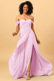 A Line Off the Shoulder Ruched Chiffon Bridesmaid Dress with Slit