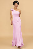 Mermaid One Shoulder Satin Long Bridesmaid Dress With Bowknot