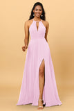 A Line Halter Open Back Long Chiffon Bridesmaid Dress With Slit