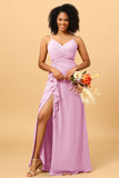 A Line Spaghetti Straps V Neck Chiffon Ruffled Long Bridesmaid Dress with Slit