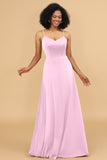 A Line Spaghetti Straps Floor Length Satin Bridesmaid Dress