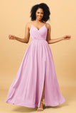 Ruched Long Floor Length Chiffon Bridesmaid Dress with Slit