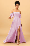A Line Off the Shoulder Long Chiffon Bridesmaid Dress with Slit