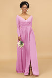 A Line V-Neck Long Sleeves Chiffon Bridesmaid Dress with Slit