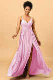 A-Line Spaghetti Straps Ruched Long Chiffon Bridesmaid Dress with Slit