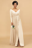 A Line V-Neck Long Sleeves Chiffon Bridesmaid Dress with Slit