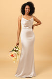 Mermaid Cowl Neckline Spaghetti Straps Long Satin Bridesmaid Dress