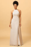 Sheath Halter Floor Length Open Back Chiffon Bridesmaid Dress with Slit