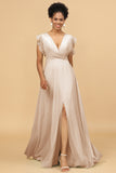 A Line V-Neck Floor Length Chiffon Bridesmaid Dress with Slit