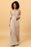 A Line Spaghetti Straps Long Chiffon Bridesmaid Dress with Ruffles