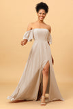 A Line Off the Shoulder Long Chiffon Bridesmaid Dress with Slit