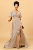 A Line V-Neck Long Chiffon Bridesmaid Dress with Slit