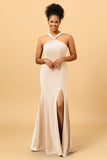 Mermaid Halter Long Chiffon Bridesmaid Dress with Slit