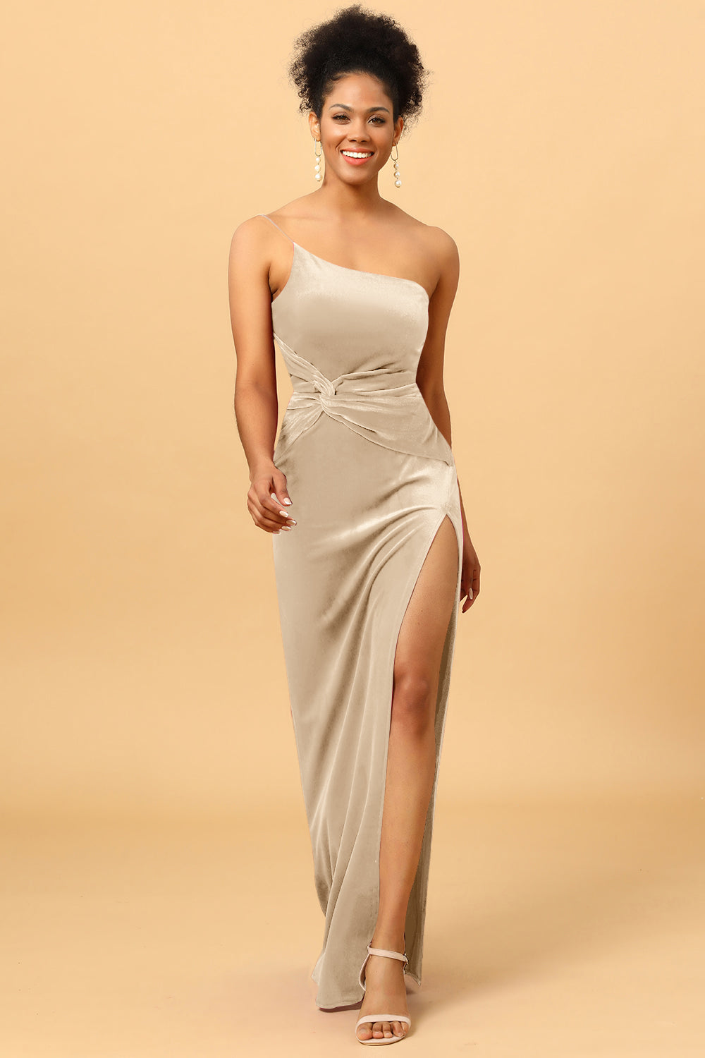 Wedtrend Women Bridesmaids Mermaid One Shoulder Long Velvet Bridesmaid Formal Evening Dress with Slit, Champagne Wedtrend Women Bridesmaids Mermaid One Shoulder Long Velvet Bridesmaid Formal Evening Dress with Slit, Champagne