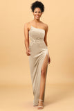 Mermaid One Shoulder Long Velvet Bridesmaid Dress with Slit