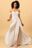 A Line Off the Shoulder Ruched Chiffon Bridesmaid Dress with Slit