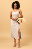 Sheath Spaghetti Straps Midi Chiffon Bridesmaid Dress with Slit