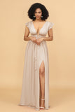 A Line Deep V-Neck Long Chiffon Bridesmaid Dress with Slit