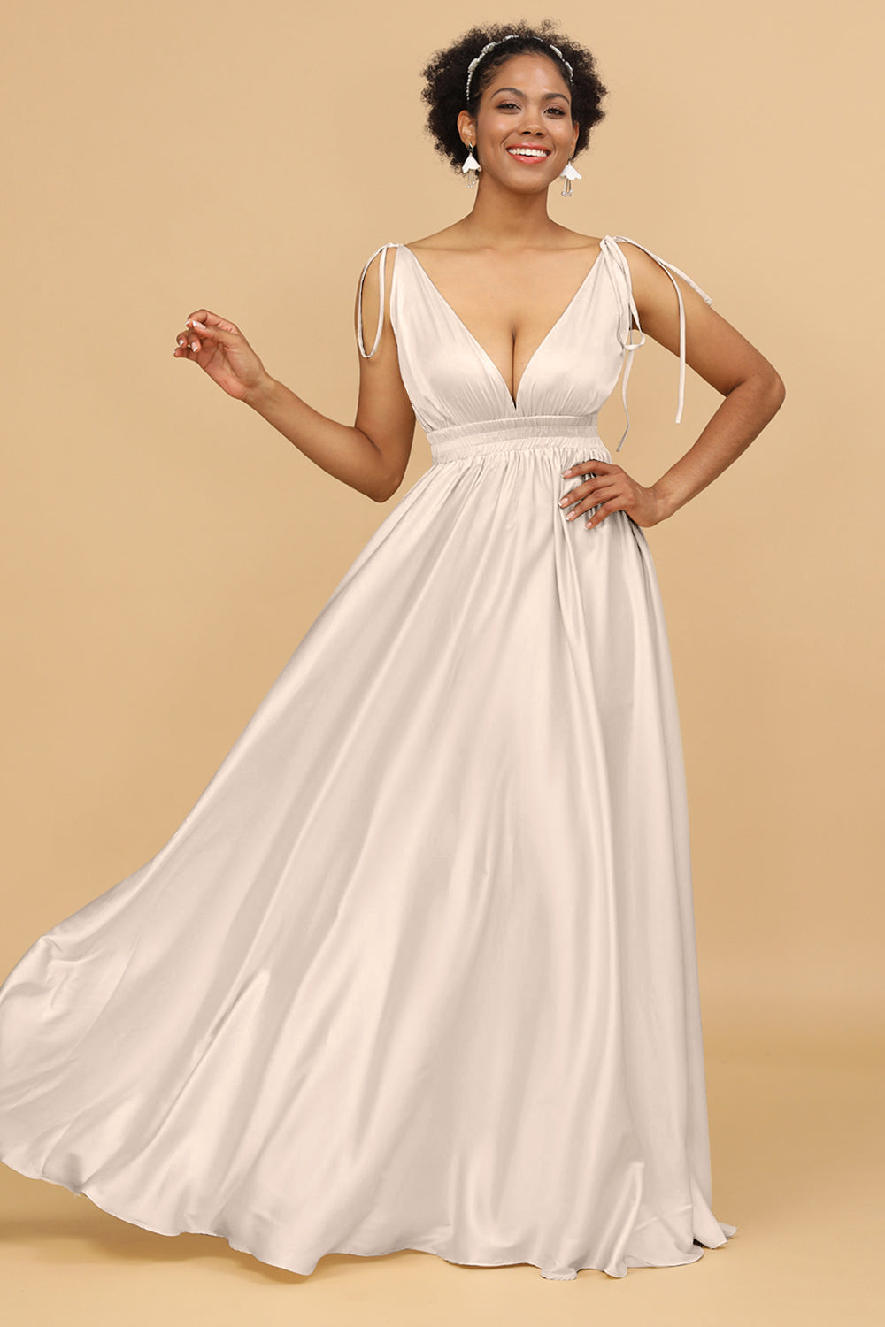 A Line Deep V-Neck Backless Floor Length Bridesmaid Dress