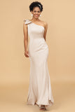 Mermaid One Shoulder Satin Long Bridesmaid Dress With Bowknot