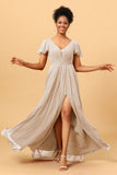 A-Line V Neck Ruched Long Chiffon Bridesmaid Dress with Slit