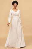 Long Sleeves V-Neck Chiffon Bridesmaid Dress with Bowknot