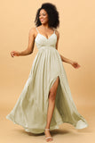 A Line Spaghetti Straps Ruched Long Chiffon Bridesmaid Dress with Slit