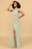 A Line Halter Ruched Floor Length Chiffon Bridesmaid Dress with Slit