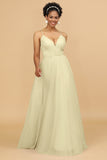 Tulle V Neck Backless Floor Length Long Bridesmaid Dress