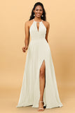 A Line Halter Open Back Long Chiffon Bridesmaid Dress With Slit