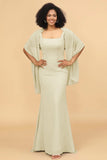 Mermaid Square Neck Long Chiffon Bridesmaid Dress with Cape