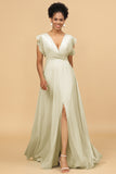 A Line V-Neck Floor Length Chiffon Bridesmaid Dress with Slit