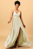 A-Line Spaghetti Straps Ruched Long Chiffon Bridesmaid Dress with Slit