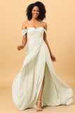 A Line Off the Shoulder Ruched Chiffon Bridesmaid Dress with Slit