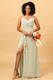 A Line Spaghetti Straps V Neck Chiffon Ruffled Long Bridesmaid Dress with Slit