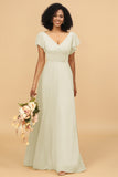 V-Neck Cape Long Floor Length Chiffon Bridesmaid Dress