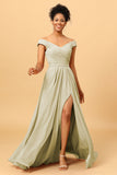 A Line Off the Shoulder Ruched Long Chiffon Bridesmaid Dress with Slit