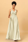 A Line V-Neck Long Chiffon Bridesmaid Dress with Lace