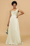 A Line Asymmetrical Neck Satin Floor Length Bridesmaid Dress