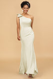 Mermaid One Shoulder Satin Long Bridesmaid Dress With Bowknot