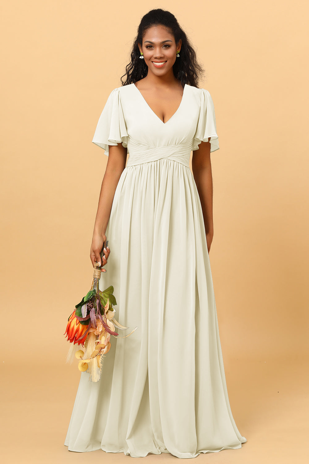 Wedtrend Women A Line V Neck Short Sleeves Floor Length Chiffon Bridesmaid Dress Formal Dress, Champagne