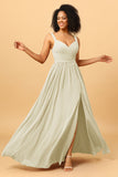 Spaghetti Straps Long Chiffon Bridesmaid Dress with Slit