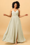 Ruched Long Floor Length Chiffon Bridesmaid Dress with Slit