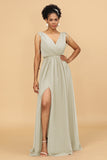 A Line Ruched V-Neck Sleeveless Chiffon Bridesmaid Dress with Slit