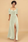 A Line Sweetheart Flare Sleeves Velvet Bridesmaid Dress with Slit