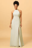 Sheath Halter Floor Length Open Back Chiffon Bridesmaid Dress with Slit