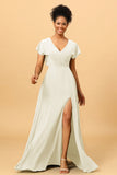 A Line V-Neck Ruched Chiffon Bridesmaid Dress with Slit