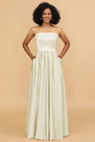 A Line Strapless Satin Floor Length Bridesmaid Dress with Pockets